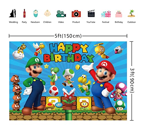 Super Brother Cartoon Backdrop Gold Coin Video Game Background Mushroom Blue Happy Birthday Backdrop for Kids Baby Shower Party Supplies Cake Table Banner Photo Booth Studio Props 5X3FT