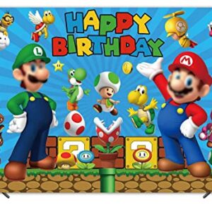 Super Brother Cartoon Backdrop Gold Coin Video Game Background Mushroom Blue Happy Birthday Backdrop for Kids Baby Shower Party Supplies Cake Table Banner Photo Booth Studio Props 5X3FT