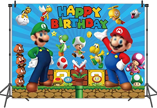 Super Brother Cartoon Backdrop Gold Coin Video Game Background Mushroom Blue Happy Birthday Backdrop for Kids Baby Shower Party Supplies Cake Table Banner Photo Booth Studio Props 5X3FT