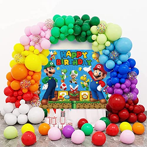 Super Brother Cartoon Backdrop Gold Coin Video Game Background Mushroom Blue Happy Birthday Backdrop for Kids Baby Shower Party Supplies Cake Table Banner Photo Booth Studio Props 5X3FT