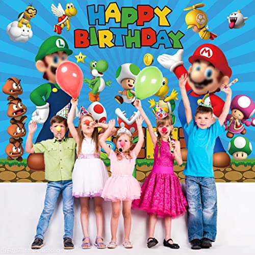 Super Brother Cartoon Backdrop Gold Coin Video Game Background Mushroom Blue Happy Birthday Backdrop for Kids Baby Shower Party Supplies Cake Table Banner Photo Booth Studio Props 5X3FT