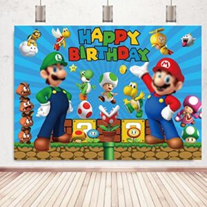 Super Brother Cartoon Backdrop Gold Coin Video Game Background Mushroom Blue Happy Birthday Backdrop for Kids Baby Shower Party Supplies Cake Table Banner Photo Booth Studio Props 5X3FT