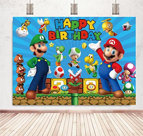 Super Brother Cartoon Backdrop Gold Coin Video Game Background Mushroom Blue Happy Birthday Backdrop for Kids Baby Shower Party Supplies Cake Table Banner Photo Booth Studio Props 5X3FT