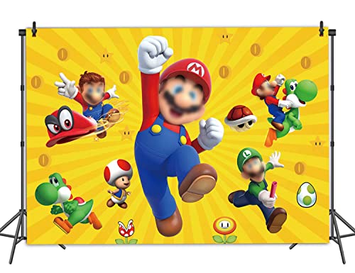 Cartoon Super Brother Boy Backdrop Gold Coin Video Game Adventure Kart Background Super Bros Uncle Mushroom Birthday Party Banner Baby Shower Props 7X5FT