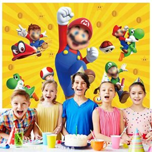 Cartoon Super Brother Boy Backdrop Gold Coin Video Game Adventure Kart Background Super Bros Uncle Mushroom Birthday Party Banner Baby Shower Props 7X5FT