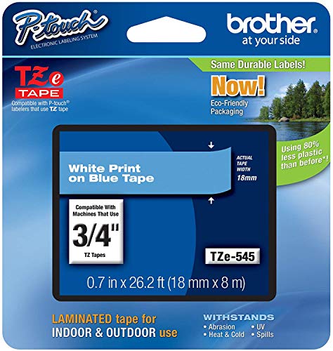 Brother Genuine P-Touch TZE-545 Tape, 3/4" (0.7") Standard Laminated P-Touch Tape, White on Blue, for Indoor or Outdoor Use, Water-Resistant, 26.2 ft (8 m), Single-Pack (3)