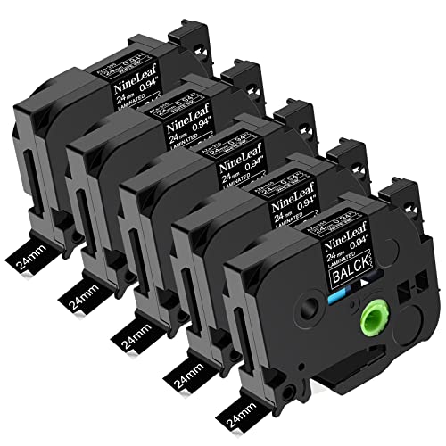 NineLeaf 5 Pack Compatible for Brother TZe-355 TZe355 TZ-355 TZ355 Label Tape 24mm 1'' 0.94'' White on Black Standard Laminated Labeling Work with P-Touch PT-D600 PT-P710BT 1500 1600 Label Maker