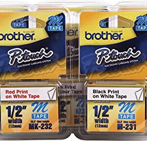 Brother M2312pk M Series Labeling Tapes For P-Touch Labelers, 1/2-Inch W, Black On White, 2/Pack