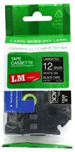 lm tapes – brother pt-1010 1/2″ (12mm 0.47 laminated) white on black compatible tze p-touch tape for brother model pt1010 label maker with free tape guide included