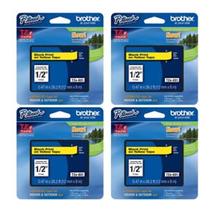brother genuine p-touch 4-pack tze-631 laminated tape, black print on yellow standard adhesive laminated tape for p-touch label makers, each roll is 0.47″/12mm (1/2″) wide, 26.2 ft. (8m) long
