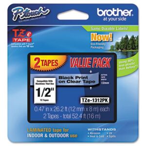brother® p-touch® tz standard adhesive laminated labeling tapes, 1/2w, black on clear, 2/pack