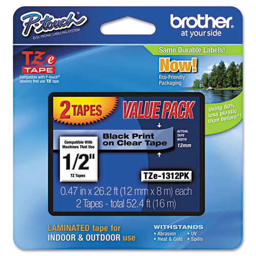 Brother® P-Touch® TZ Standard Adhesive Laminated Labeling Tapes, 1/2w, Black on Clear, 2/Pack