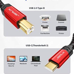 JSAUX USB B to USB C Printer Cable 10ft, USB C to USB B Printer Cable Nylon Braided, USB C MIDI Cable Compatible for MacBook Pro, HP, Epson, Canon, Brother, Lexmark, Xerox Printers and Scanner-Red