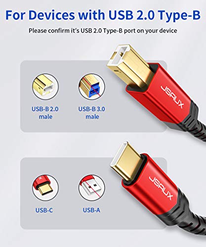 JSAUX USB B to USB C Printer Cable 10ft, USB C to USB B Printer Cable Nylon Braided, USB C MIDI Cable Compatible for MacBook Pro, HP, Epson, Canon, Brother, Lexmark, Xerox Printers and Scanner-Red