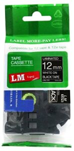 lm tapes – brother pt-1090 1/2″ (12mm 0.47 laminated) white on black compatible tze p-touch tape for brother model pt1090 label maker with free tape guide included