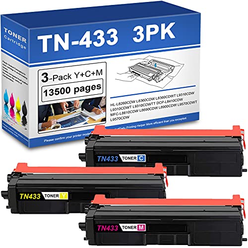 LKKJ 3 Pack TN-433Y TN-433C TN-433M High Yield Toner Cartridge Replacement for Brother TN433 HL-L8260CDW L8360CDW L8360CDWT MFC-L8900CDW Printer Toner.