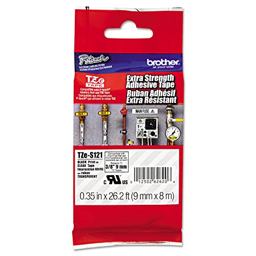 Brother Tzes121 Tze Extra-Strength Adhesive Laminated Labeling Tape, 3/8-Inch W, Black On Clear