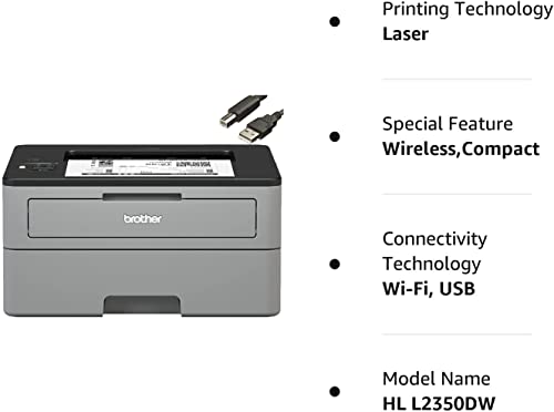 Brother HL-L2350DW Monochrome Compact Laser Printer with Wireless and Duplex Printing + Printer Cable