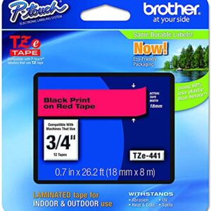 Brother Genuine P-Touch TZE-441 Tape, 3/4" (0.7") Wide Standard Laminated Tape, Black on Red, Laminated for Indoor or Outdoor Use, Water-Resistant, 0.7" x 26.2' (18mm x 8M), Single-Pack, TZE441 (6)