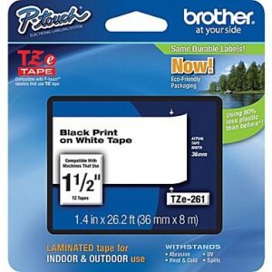 brother tze-261 36mm (1.5 ) , length of 8m, black on white label tape
