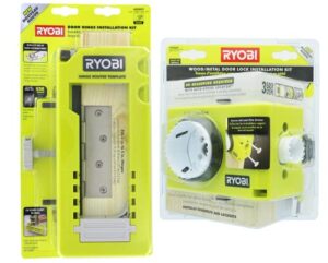 ryobi a99ht2 door hinge installation kit/mortiser template bundled with ryobi a99dlk4 wood and metal door lock installation kit for installing deadbolts and locksets