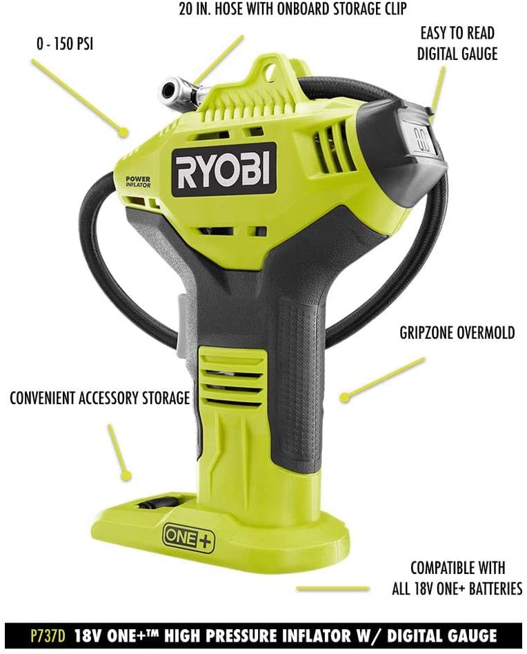 RYOBI P737D 18-Volt ONE+ Cordless High Pressure Inflator + 4.0 Ah High Capacity Lithium-Ion Battery & Charger,