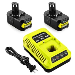 energup 2pack 6.0ah replacement ryobi 18v lithium battery for ryobi 18-volt one+ p104 p105 p102 p103 p107 p108 with a p117 ryobi battery charger for ryobi 18v batteries