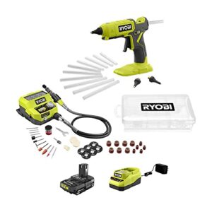 ryobi 18v one+ 2-tool kit – rotary tool with accessorie kit, ryobi glue gun. comes with battery and charger