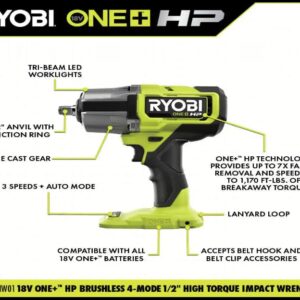 RYOBI - ONE+ HP 18V Brushless Cordless 4-Mode 1/2 in. High Torque Impact Wrench (Tool Only) - PBLIW01B