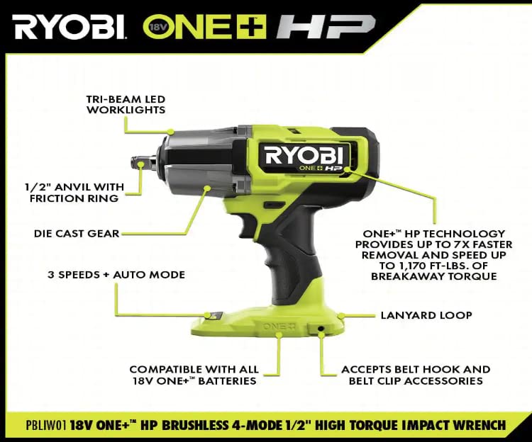 RYOBI - ONE+ HP 18V Brushless Cordless 4-Mode 1/2 in. High Torque Impact Wrench (Tool Only) - PBLIW01B