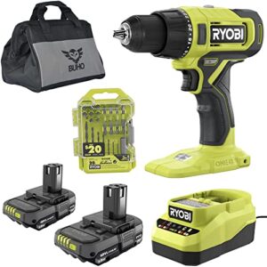 ryobi cordless 1/2 inch drill driver with (2) 18-volt batteries, charger, 20 piece multipurpose drill bit set and buho tool bag