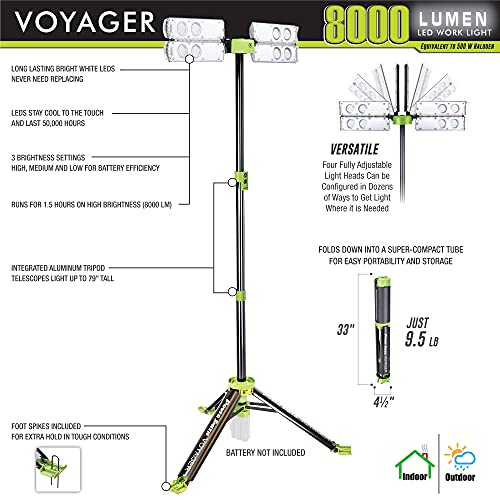 PowerSmith Voyager PVLR8000A-C 8000 Lumen Collapsible Cordless Tripod LED Work Light. Bare Light Only. 3-Way Power. AC or DC Adaptor or Battery Needed to Use Light