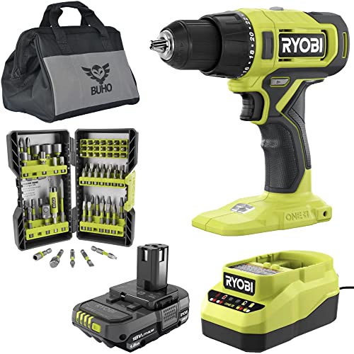 Ryobi Cordless 1/2 inch Drill Driver with 70 Piece Drill Bit Set, 18-Volt Lithium-ion Battery, Charger and Buho Tool Bag