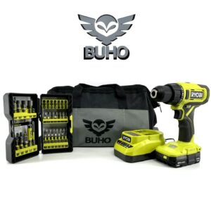 Ryobi Cordless 1/2 inch Drill Driver with 70 Piece Drill Bit Set, 18-Volt Lithium-ion Battery, Charger and Buho Tool Bag