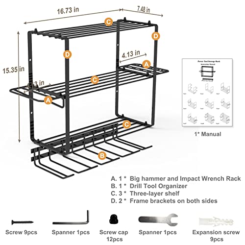 ZEAKOC Power Tool Organizer, 4 Layers Heavy Duty Drill Holder Wall Mount,Metal Tool Hangers Utility Storage Shelves for Power Tools,Separate Tool Rack Christmas Gift for Men Dad