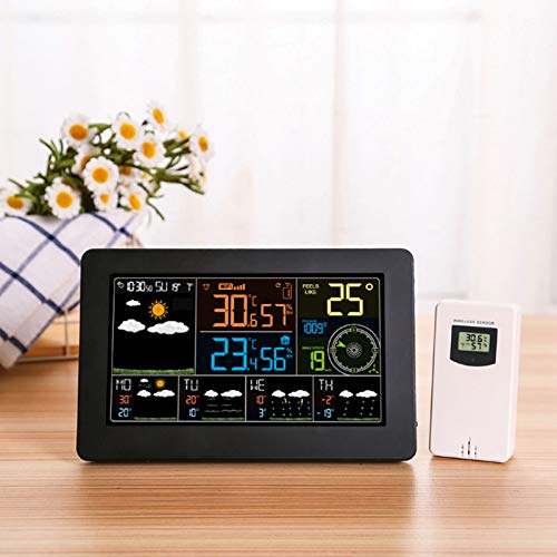 Wireless Weather Station, Indoor Outdoor Forecast Station, Atomic Digital Clock Barometer Thermometer Hygrometer Color Forecast Station with Sensor