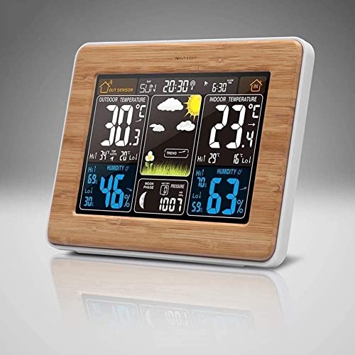 KSDCDF Weather Station Wireless Indoor Outdoor Thermometer, Color Display Digital Weather Thermometer with Atomic Clock, Forecast Station with Calendar and Adjustable Backlight