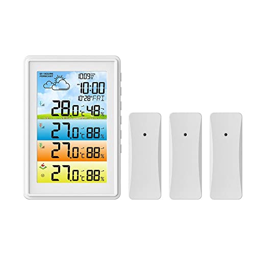 XARONF Weather Station, Indoor Outdoor Thermometer, Color Display Digital Weather Thermometer with Atomic Clock, Forecast Station with Calendar and Adjustable Backlight with 3 Sensors (Color : White