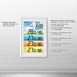 XARONF Weather Station, Indoor Outdoor Thermometer, Color Display Digital Weather Thermometer with Atomic Clock, Forecast Station with Calendar and Adjustable Backlight with 3 Sensors (Color : White