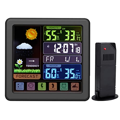 Weather Station Wireless Indoor Outdoor Thermometer, Multi-Function Color Display Digital Weather Thermometer with Atomic Clock, Forecast Station with Calendar and Adjustable Backlight