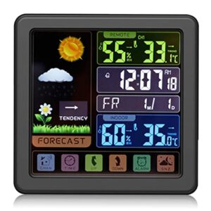 Weather Station Wireless Indoor Outdoor Thermometer, Multi-Function Color Display Digital Weather Thermometer with Atomic Clock, Forecast Station with Calendar and Adjustable Backlight