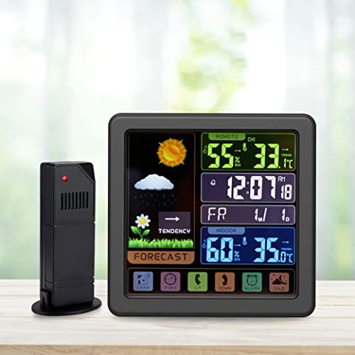 Weather Station Wireless Indoor Outdoor Thermometer, Multi-Function Color Display Digital Weather Thermometer with Atomic Clock, Forecast Station with Calendar and Adjustable Backlight