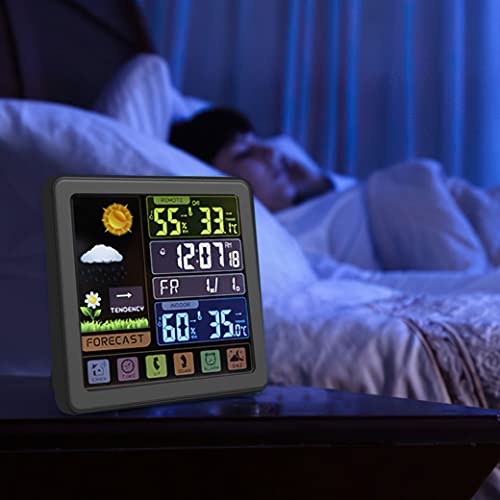 Weather Station Wireless Indoor Outdoor Thermometer, Multi-Function Color Display Digital Weather Thermometer with Atomic Clock, Forecast Station with Calendar and Adjustable Backlight