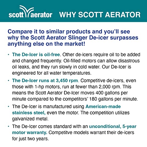 Scott Aerator Slinger De-Icer for Lakes & Ponds | 1/2 Horse Power 115V Stainless Steel & Oil Free Motor with 5 Years Warranty | 100 ft. Electric Corded Cable Included | Made in USA