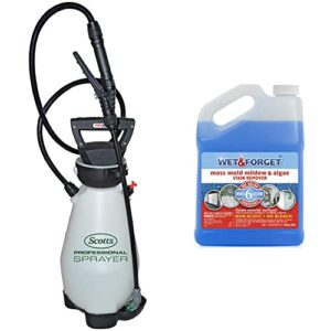 scotts 190567 lithium-ion battery powered pump zero technology sprayer, 2-gallon & wet & forget moss, mold, mildew, & algae stain remover multi-surface cleaner concentrate, original, 128 fluid ounces
