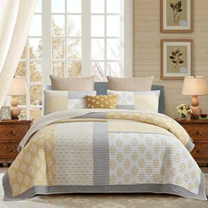 pangushan quilt set queen size,100% cotton queen quilt bedding set bedspread,patchwork yellow/gray(grey) floral reversible quilt set for queen bed,lightweight comforter bed spread,3 pieces
