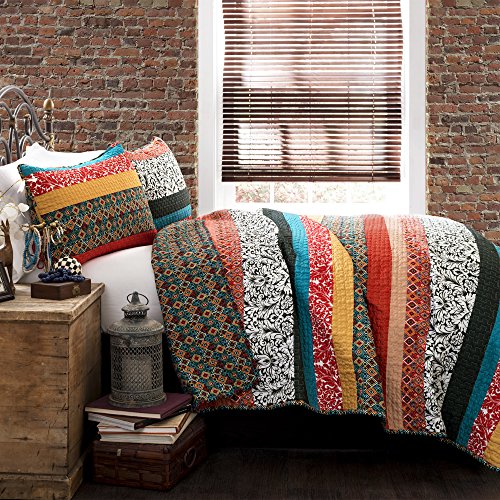 Lush Decor Boho Stripe Quilt Reversible 3 Piece Bohemian Design Bedding Set, Full/Queen, Turquoise & Tangerine