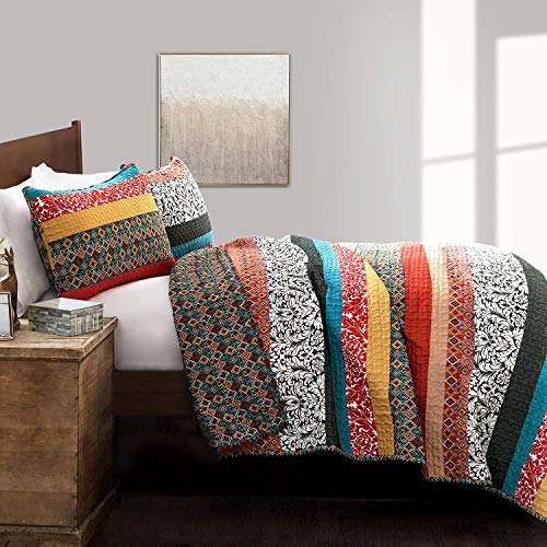 Lush Decor Boho Stripe Quilt Reversible 3 Piece Bohemian Design Bedding Set, Full/Queen, Turquoise & Tangerine