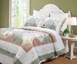 cozy line home fashions floral real patchwork green peach scalloped edge country 100% cotton quilt bedding set, reversible coverlet bedspread (celia, king – 3 piece)