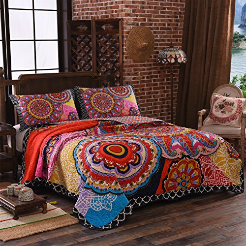 LAMEJOR Quilt Set Queen Size Boho 3-Piece Bedspread Coverlet Set Lightweight Mandala Pattern Reversible Microfiber Multicolor